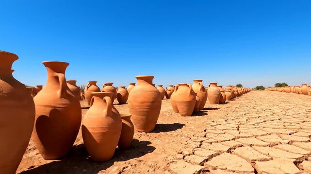 Terracotta Pots Drying in the Sun - Rows of terracotta pots and vases of varying sizes are drying on cracked earth under a clear blue sky.