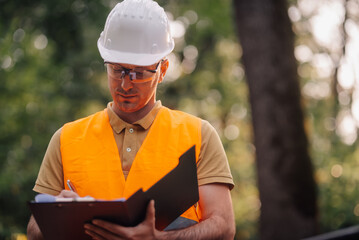 Forestry engineer taking notes on clipboard in forest