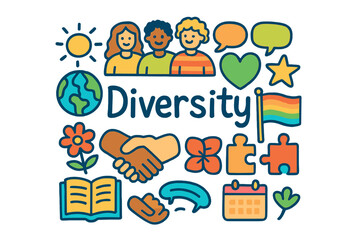 Obraz premium Colorful Diversity Doodle. Diversity. Hand-drawn doodle illustration of Diversity. group of people, globe,