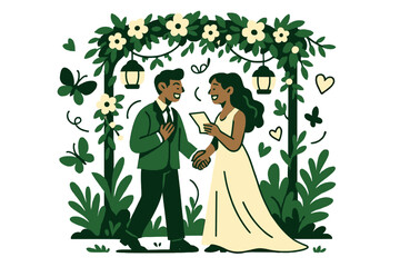 Enchanting Garden Wedding. Garden wedding. A glowing couple exchanging vows under a canopy of flowers and
