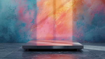 Modern projector emitting colorful light beams onto a textured background