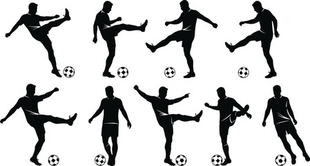 Soccer player silhouette collection, football athlete kicking ball, vector sports illustration, black action figure, team training design, match competition artwork