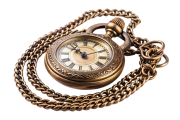 Antique pocket watch with ornate chain on cutout png isolated on a transparent background