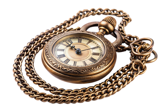 Antique pocket watch with ornate chain on cutout png isolated on a transparent background