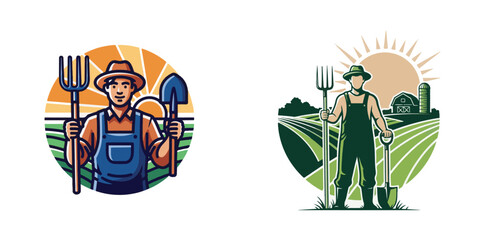 Farmer Illustrations with Pitchfork and Shovel on Rural Farm Landscape