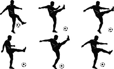 Soccer player silhouette set, football athlete kicking ball, black sports illustration, action vector design, game training artwork, competition pose, athletic icon