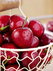 Fresh Red Cherries with Water Droplets in Wire Basket - Shandong Domestic Fruit