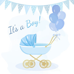 Flat design baby stroller with balloons and flags in blue tones on white background. Cute invitation template for baby shower, newborn celebration, gender reveal, or kids party decoration.