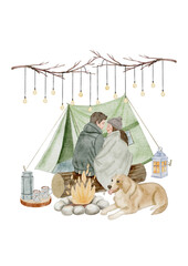Ready-made digital watercolor scene of a couple and a dog cozying up outside a tent with string lights. Great for romantic designs, travel journals, and outdoor adventure graphics. 