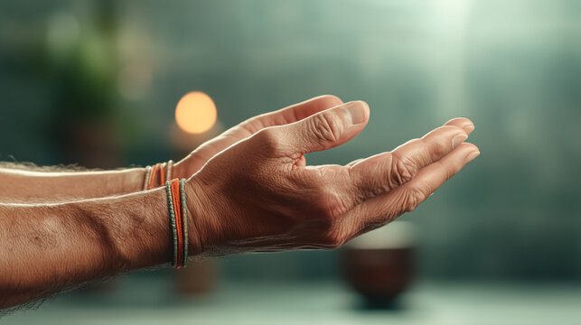 A close-up of hands in a meditation pose with soft, glowing light in the background.