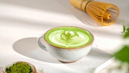 Matcha Latte with Latte Art, Whisk, and Matcha Powder.
