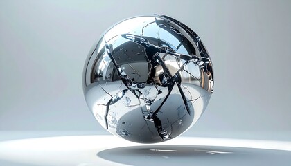 Reflective chrome orb shattered into pieces yet holding its spherical form while levitating in a bright, minimalist environment