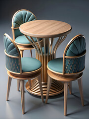 Elegant Art Deco Dining Set. Wooden Table with Teal Upholstered Chairs