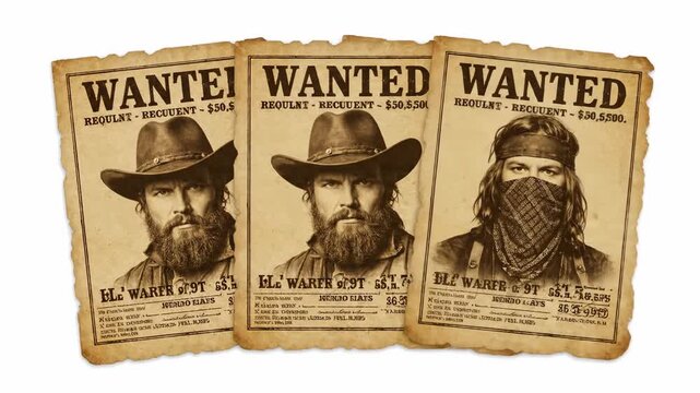 Wanted Wild West Posters Animation - Two vintage-style "Wanted" posters featuring a bearded man in a cowboy hat flip and rotate against a white background.