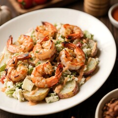 Grilled Shrimp with Peruvian Garlic Sauce on a Potato Salad