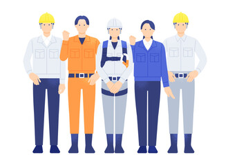 建設、土木のプロフェッショナルとして現場を支える 作業員たちのチームワークを描いたイラスト