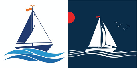 Set of Stylized Sailboat Illustrations on Waves, Day and Night Versions