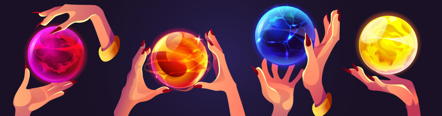 Mystical fortune ball magic orbs with glowing energy - hands holding crystal spheres with swirling cosmic patterns for divination or spellcasting. Fantasy game assets for wizard or supernatural power © klyaksun