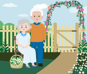 Happy Grandparents Illustration &ndash; Elderly Couple in Garden with Flowers