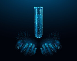 Human hands are holds Test tube, glowing blue lowpoly wireframe glass flask on a dark background. Vector illustration design concept for medical industry and chemical laboratory.