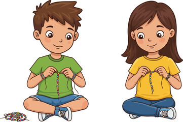 Happy kids making bracelets, young boy and girl doing arts and crafts, creative childhood moments, fun hobby and activity.