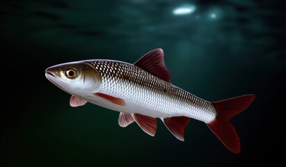 Fototapeta premium Vibrant Aquatic Scene Featuring a Colorful Fish with a Striking Red Tail and Elegant White Fins Swimming Gracefully in Clear Blue Water Environment