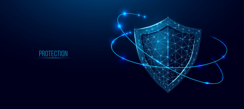 Guard shield. Cyber security concept with glowing low poly shield on dark blue background. Wireframe low poly design. Abstract futuristic vector illustration.