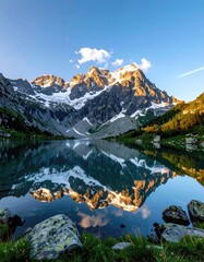 Mountain lake mirrored in calm water at dawn