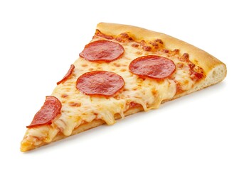 Slice of pepperoni pizza with cheese isolated on white background