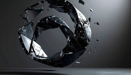 Fragmented dark material twisting and breaking apart in a captivating, abstract spiral motion against a muted backdrop