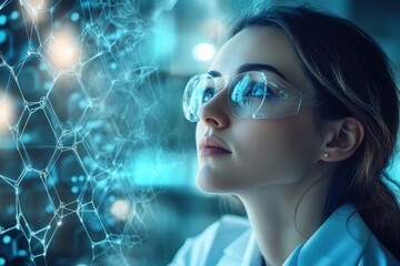 Female scientist examining molecular structures in a laboratory during twilight hours