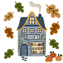 vector illustration of a blue painted book house with a chimney and fallen leaves