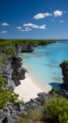 beach with clear turquoise water and pristine white sand framed by lush vegetation and rocks
