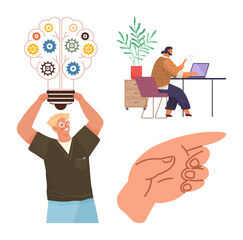 Man holding lightbulb with gears signifying innovation, a person working at desk on laptop, and pointing hand gesture. Ideal for creativity, teamwork, productivity, innovation, brainstorming, focus