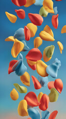 confetti shapes in bright colors on a soft gradient background giving a playful and celebratory atmosphere for party themes