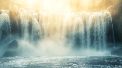 Majestic waterfall cascading down with ethereal light creating mist, water and beauty