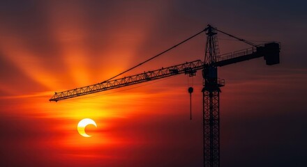 Silhouette of a crane against a vibrant sunset sky with sun rays.