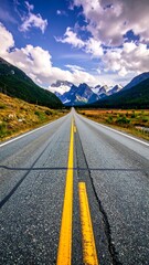 Naklejka premium Scenic highway stretching towards majestic mountains under a vibrant sky