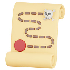 Cartoonish Rolled Parchment Treasure Map Displaying Navigation Route with Skull and Crossbones and Red Circle on Transparent Background