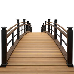 A classic wooden arched garden bridge with dark posts and railings isolated on transparent background