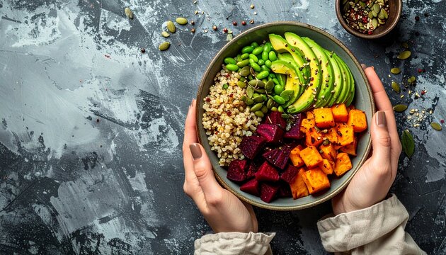 Woman holding a vibrant vegan Buddha bowl with quinoa, avocado, sweet potato, and beets on a dark background.