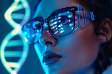 Scientist woman researching dna structure with digital data reflection
