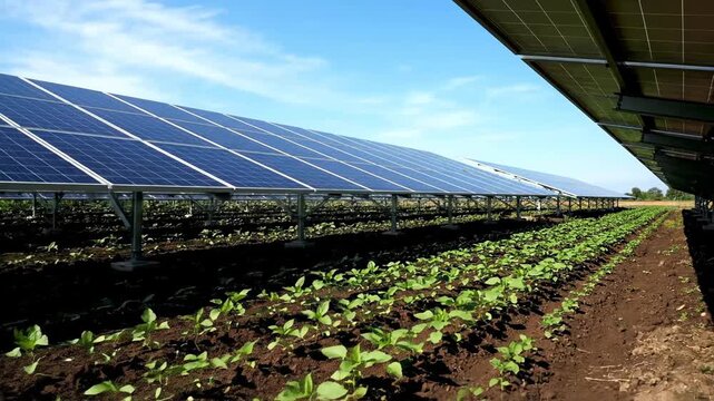 Agrivoltaics: Solar Panels and Growing Crops - A sustainable agrivoltaics system showcases solar panels installed above a cultivated field of young green plants.