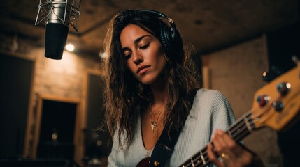 A professional female bassist is tuning her bass guitar in a recording studio