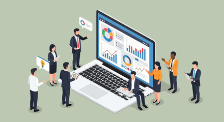 Naklejka premium Isometric business team analyzing data on a giant laptop screen for strategic planning and growth