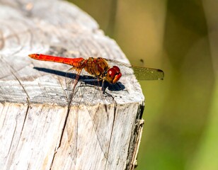 Close-up of a red dragonfly on a tree stump