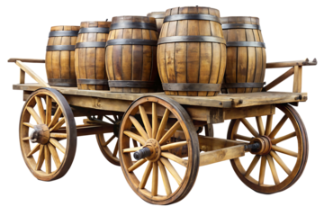 Wooden cart filled with six barrels on a cutout png isolated on a transparent background