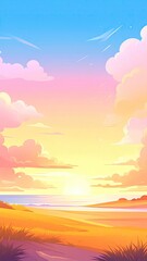 Pastel sunset over a golden field, with a calm ocean