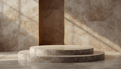 Minimalist stone podium with dramatic light and shadow