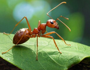 Close-up of a reddish ant on a green leaf